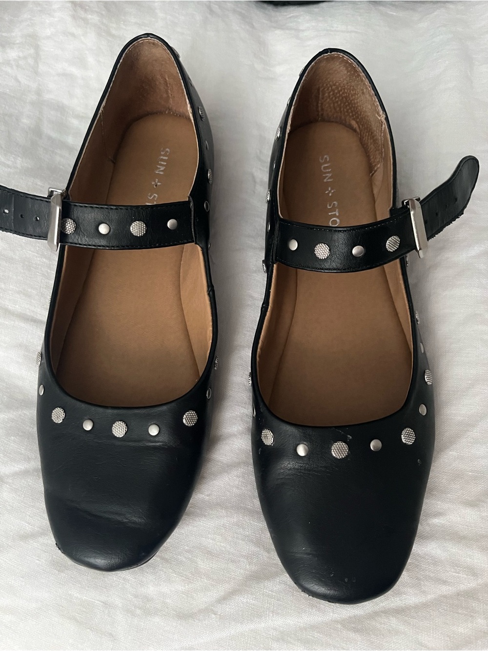 Sun + Stone Black Studded Mary Jane Flats with Silver Accents